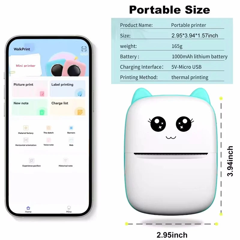 Gearlink™ Mini Cat Thermal Printer – Pocket Photo & Label Printer (Bluetooth, 58mm)